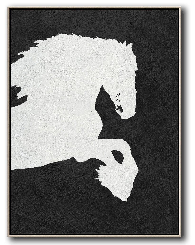 Hand-Painted Black And White Minimal Painting On Canvas - Abstract Pictures Chat Room Large